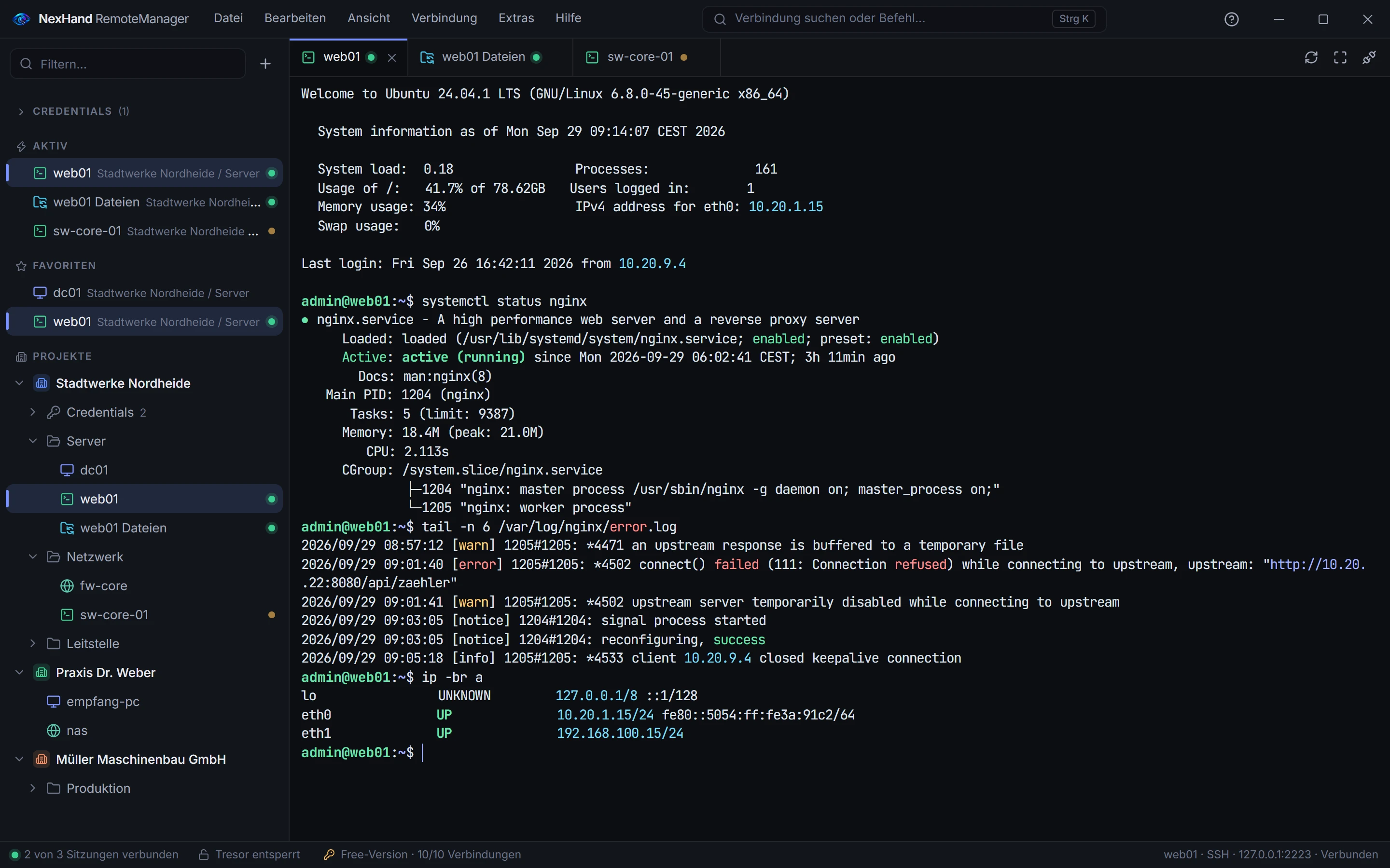 NexHand RemoteManager mit Navigator, Tabs und einer SSH-Sitzung